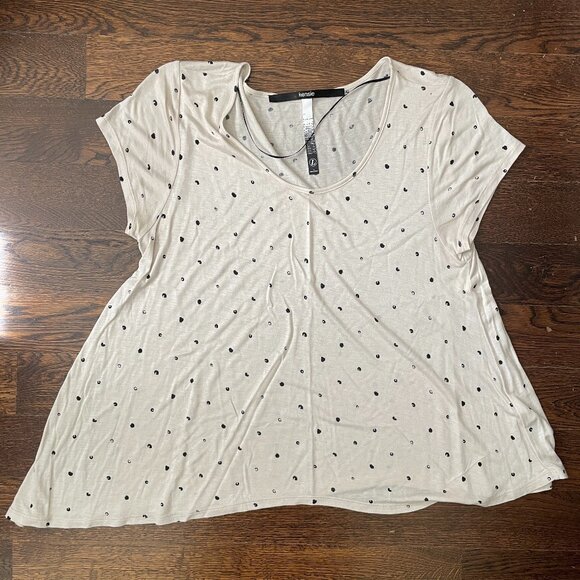 NEW Kensie Women’s Cream/Black Asymmetrical Lightweight polka dot Tshirt-Larg - Picture 1 of 8